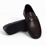 Premium Brown Leather Loafers – Perforated Design with Metal Buckle