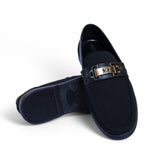 Luxury Black Suede Loafers – Gold & Black Metal Buckle