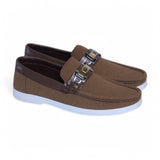 Elegant Brown Suede Loafers – Gold & Black Buckle with White Sole