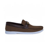 Elegant Brown Suede Loafers – Gold & Black Buckle with White Sole