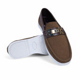 Elegant Brown Suede Loafers – Gold & Black Buckle with White Sole