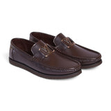 Classic Brown Leather Loafers – Luxe Metal Monogram Buckle